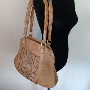 DAVID & SCOTT Tan Leather Top-Handle Bag Braided Straps Pieced Detail